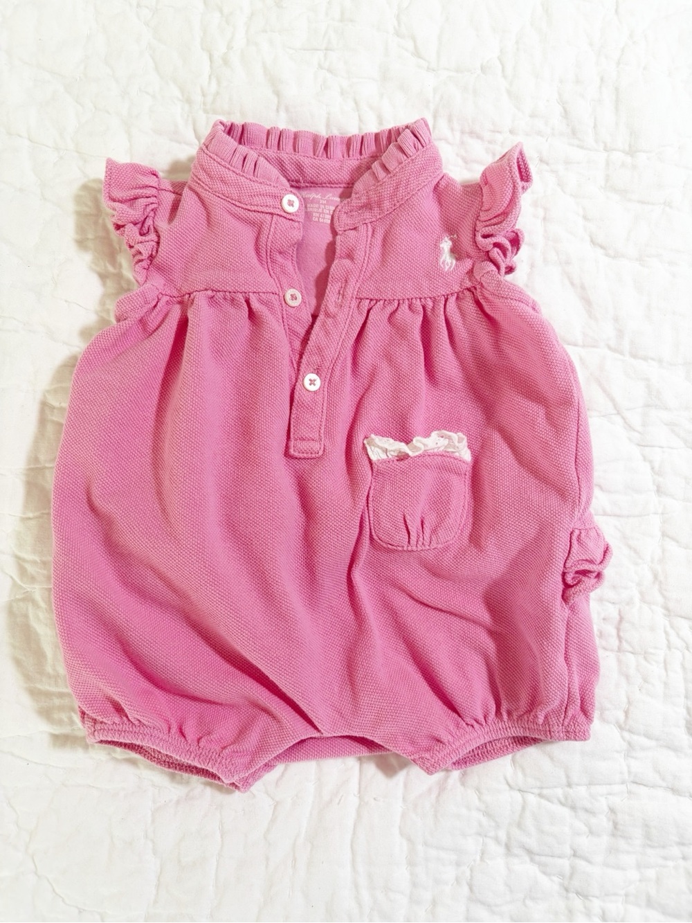 Ralph Lauren Pink Ruffle-Sleeve Polo Baby Romper